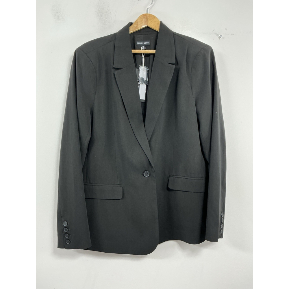 Womans Modern Works Lined Blazer XL Black 1 Button Close Padded Shoulders NWT